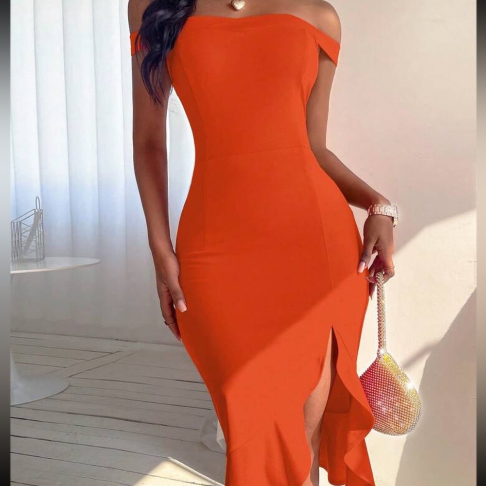 Orange off the shoulder dress